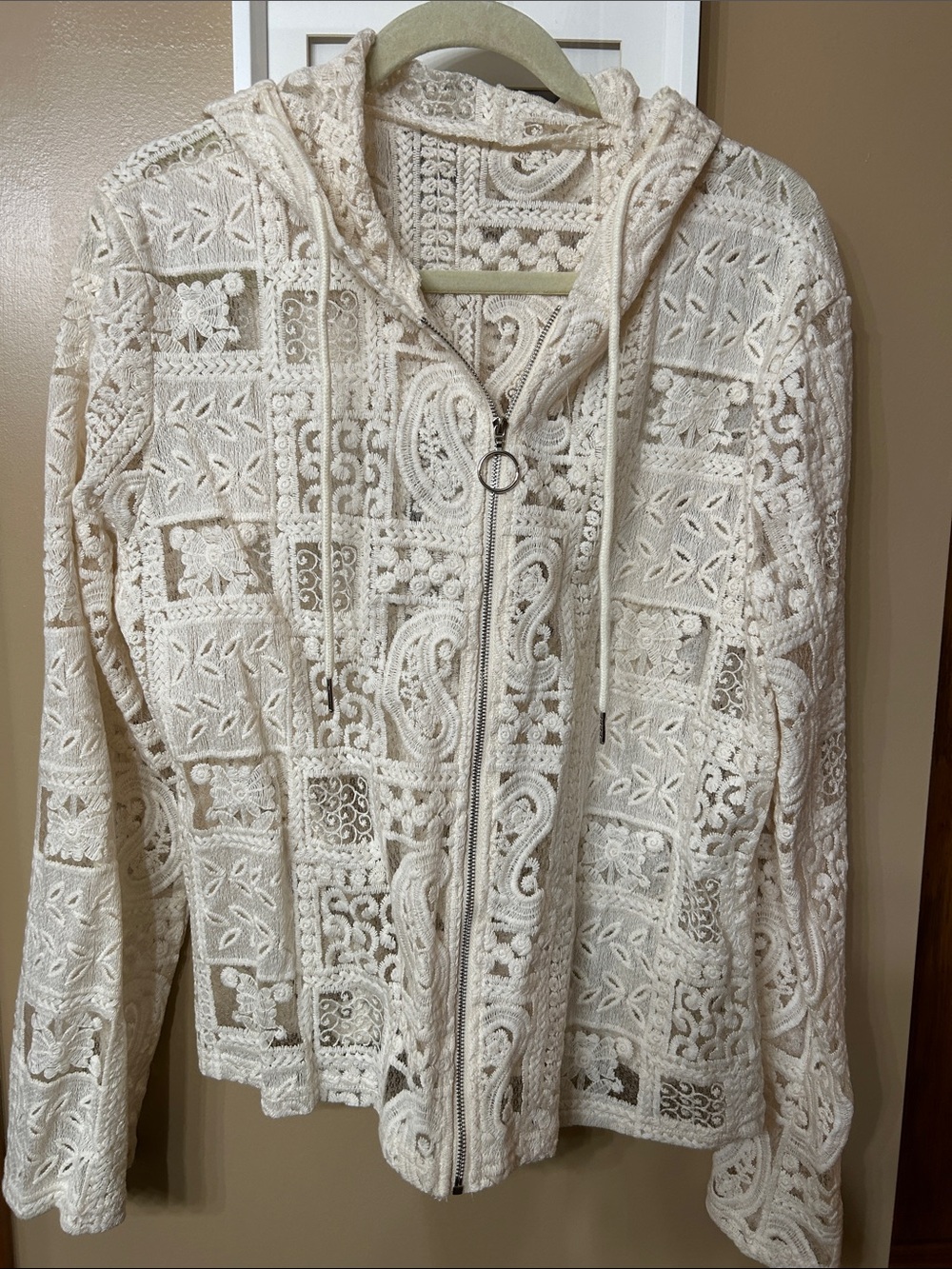 Women’s Cream Crochet Zip Hoodie Jacket